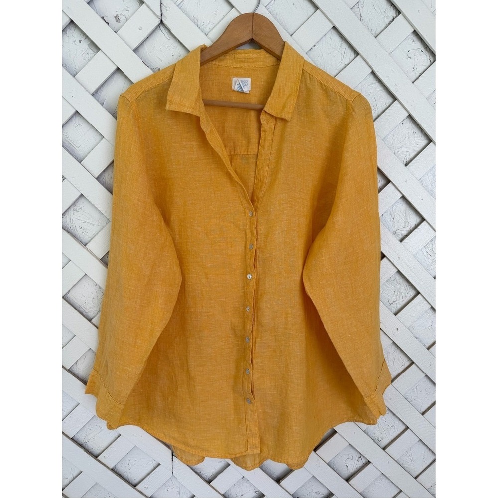Sigrid Olsen 100% Linen Roll Tab Button Front Shirt Beachy Coastal 1X Yellow